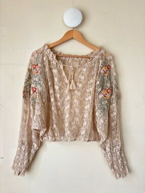 Free People Jubilee Lace Mesh Crop Top with Floral Embroidery Boho Festival